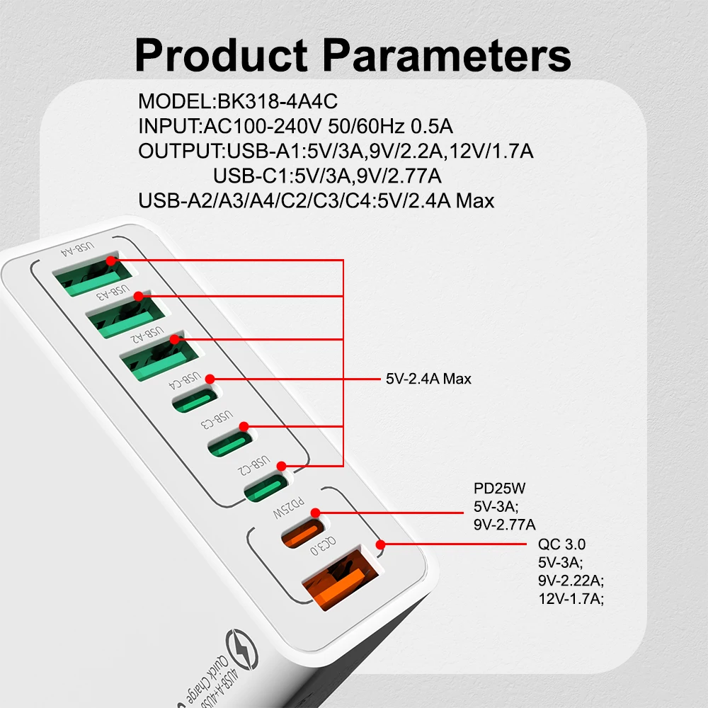 Cargador rápido USB C de 8 puertos, adaptador de corriente de enchufe de carga rápida EU/US/KR para iPhone, Xiaomi, Samsung, Huawei, cargador de teléfono móvil de pared - imagen 4