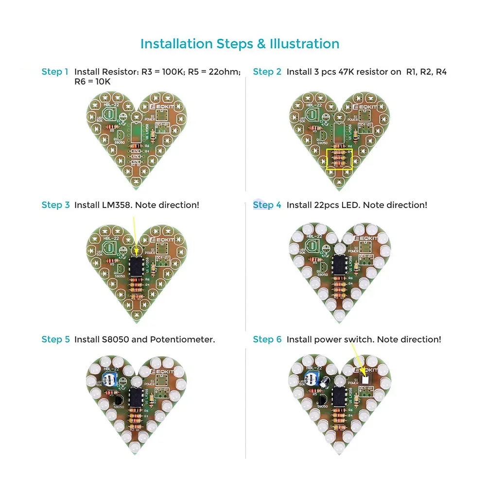4 Uds diymore Kit de bricolaje de luz intermitente LED en forma de corazón con PCB DC 4-6V 4 colores disponibles para Kit de soldadura Kit de aprendizaje de práctica - imagen 3