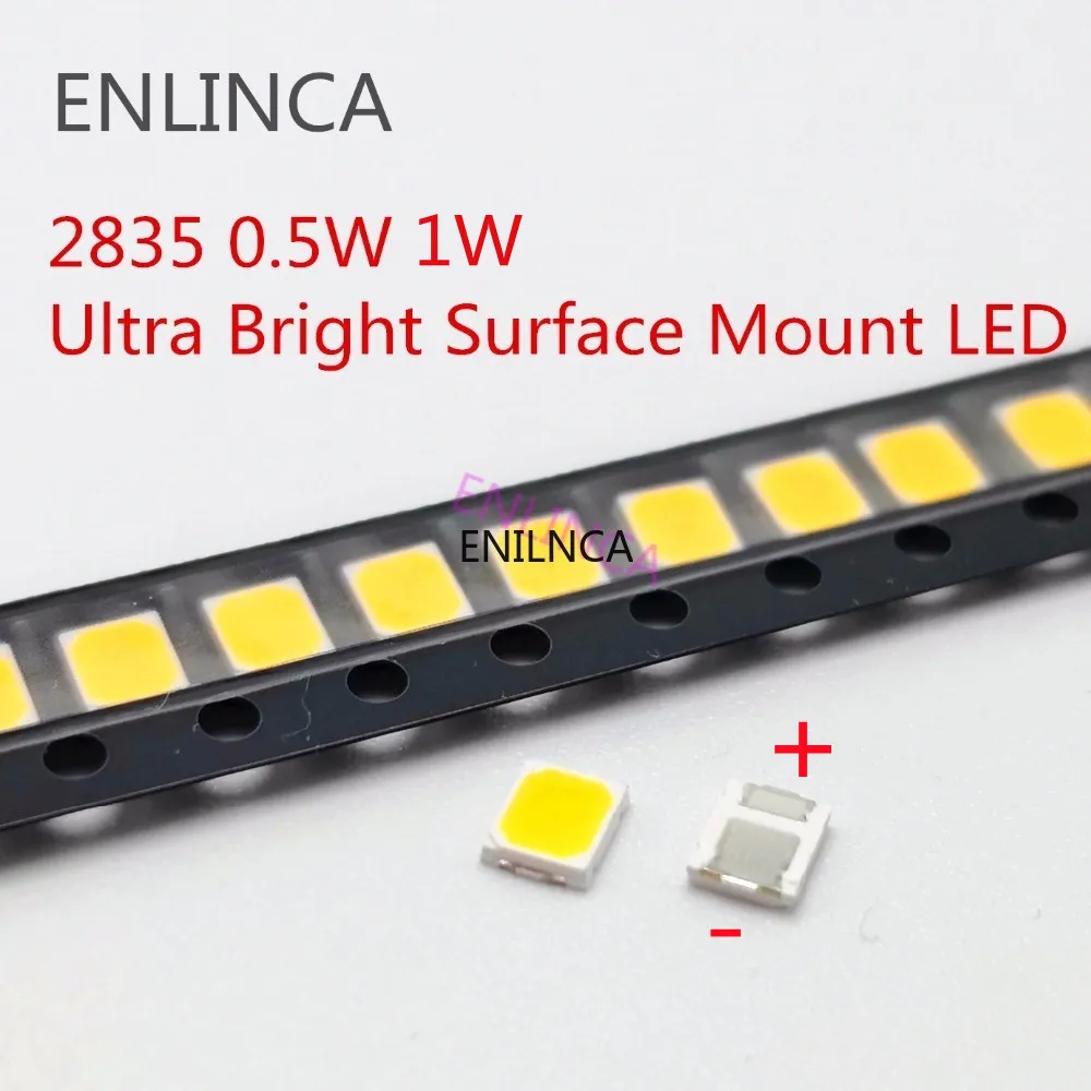 Chip LED SMD 100 de 50-2835 piezas, lámpara de diodo emisor de luz blanca de 0,5 W, 1W, 3V, 6V, 9V, 18V, 50-55LM, montaje en superficie ultrabrillante