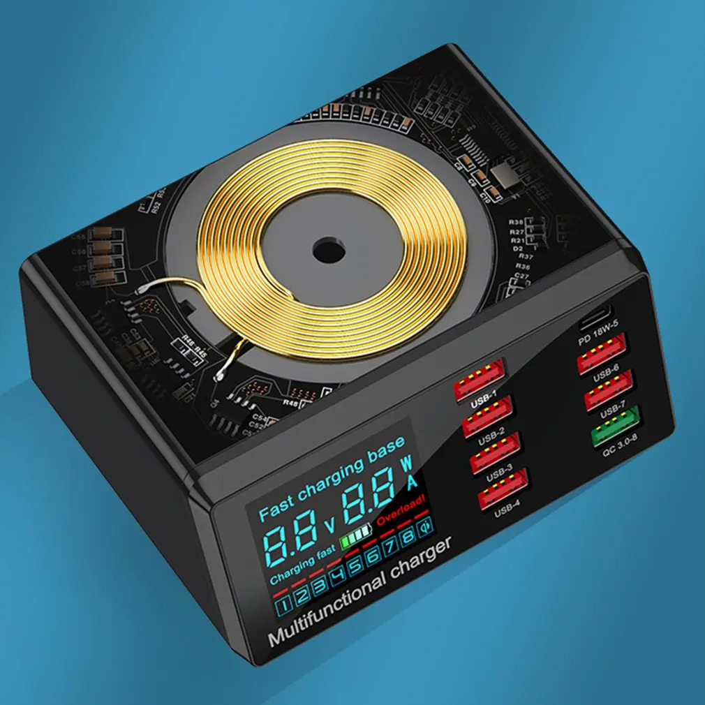 Cargador rápido PD QC 3,0 de 100W, 8 puertos, estación de carga con pantalla Digital USB inteligente, cargador inalámbrico Qi para iPhone y Samsung - imagen 5