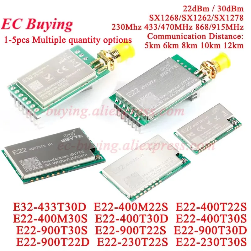 1-5 uds módulo transceptor inalámbrico LoRa 433MHz SX1278 E22-400T22S 400T30S 400T30D SX1262 900T22D 900T30D 400M22S 400M30S 900T22S