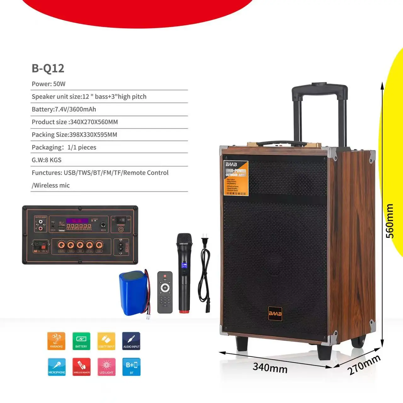 Altavoz Bluetooth de madera de alta potencia de 6000W, altavoz de graves para fiesta de Karaoke al aire libre de 12 pulgadas con micrófono inalámbrico, altavoz FM USB TF - imagen 2