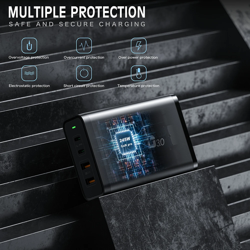 245W USB C Power Adapter 4 Ports GaN Desktop Charging Station PD100W PPS45W Fast Charger for MacBook iPhone 15 Samsung S23 Ultra - imagen 5