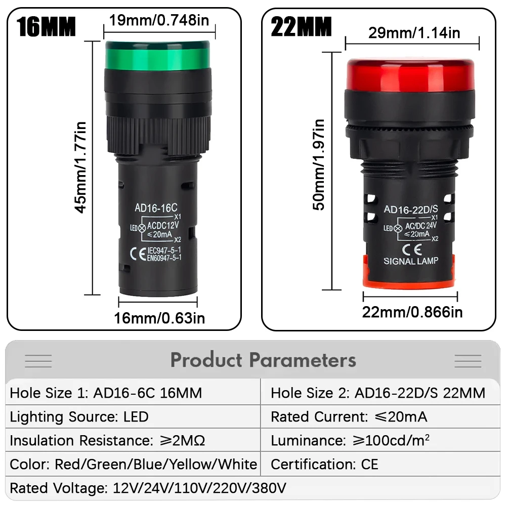 16MM 22MM LED indicador electrónico de potencia lámpara de luz de señal piloto AC DC 12V 24V 110V 220V 380V Panel rojo verde amarillo azul blanco - imagen 2