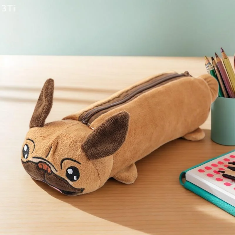 Estuche para lápices de perro de peluche de dibujos animados, bolsa de almacenamiento multifuncional, monedero, bolsa de juguete de peluche Kawaii, suministros de papelería para estudiantes