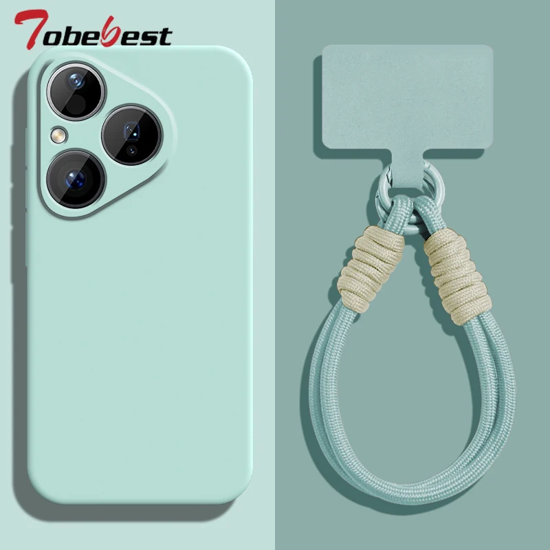Funda con correa para la muñeca con cordón de silicona líquida para Huawei Pura 80 70 Ultra P60 P50 P40 P30 Lite Pro, funda protectora para lente de cámara - imagen 4