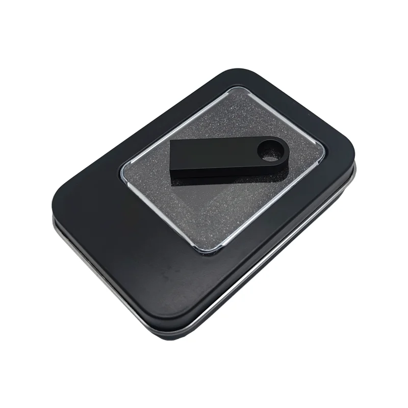 Mini unidad Flash USB 2,0 de Metal negro con logotipo de estudio personalizado, caja de Metal con ventana transparente, 4GB, 8GB, 16GB, 32GB, 64GB, 128GB - imagen 4