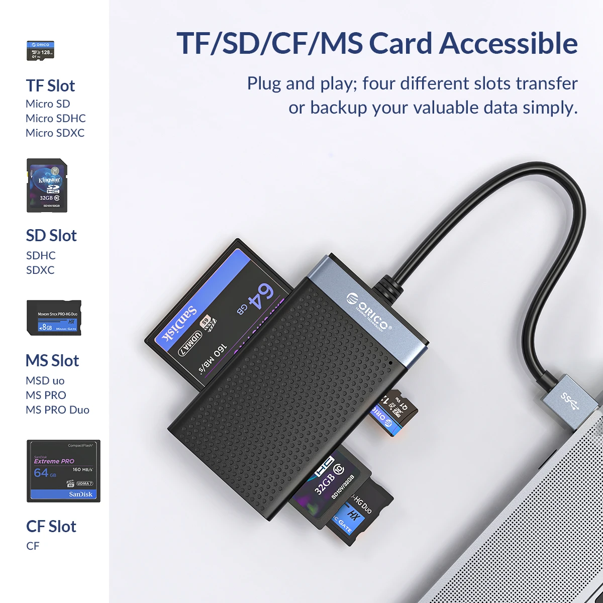 ORICO-Lector de tarjetas de memoria 4 en 1, accesorio para PC y portátil, USB 3,0, SD, TF, CF, MS, adaptador de tarjeta Flash - imagen 3