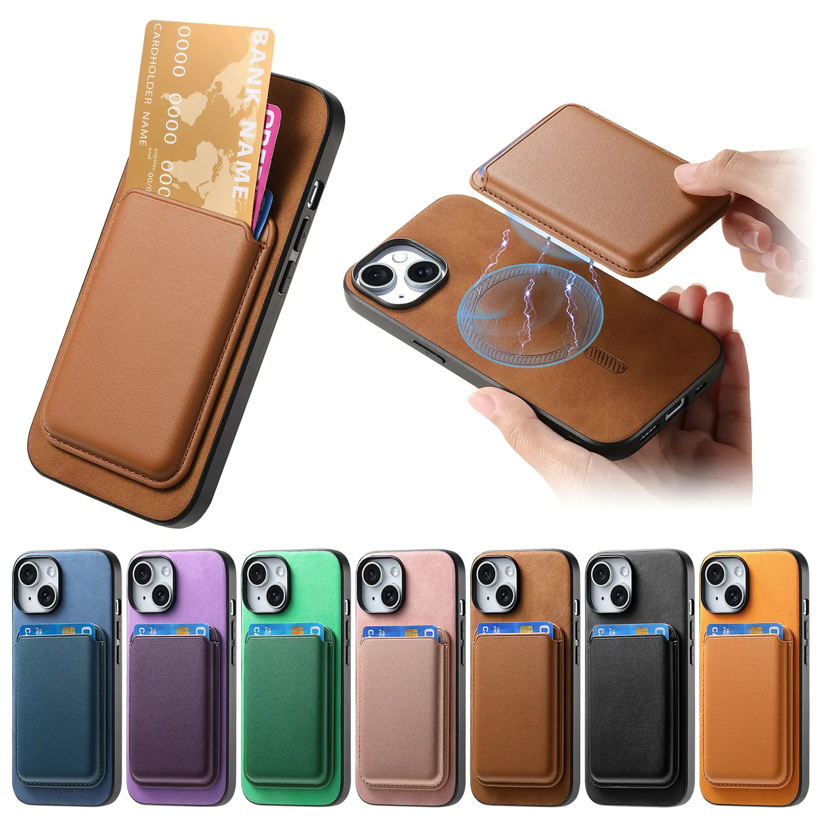 Tarjetero extraíble 2 en 1, Funda de cuero con carga inalámbrica para iPhone 15 Pro Max 14 Plus 13 12 11 7 8 SE 2022