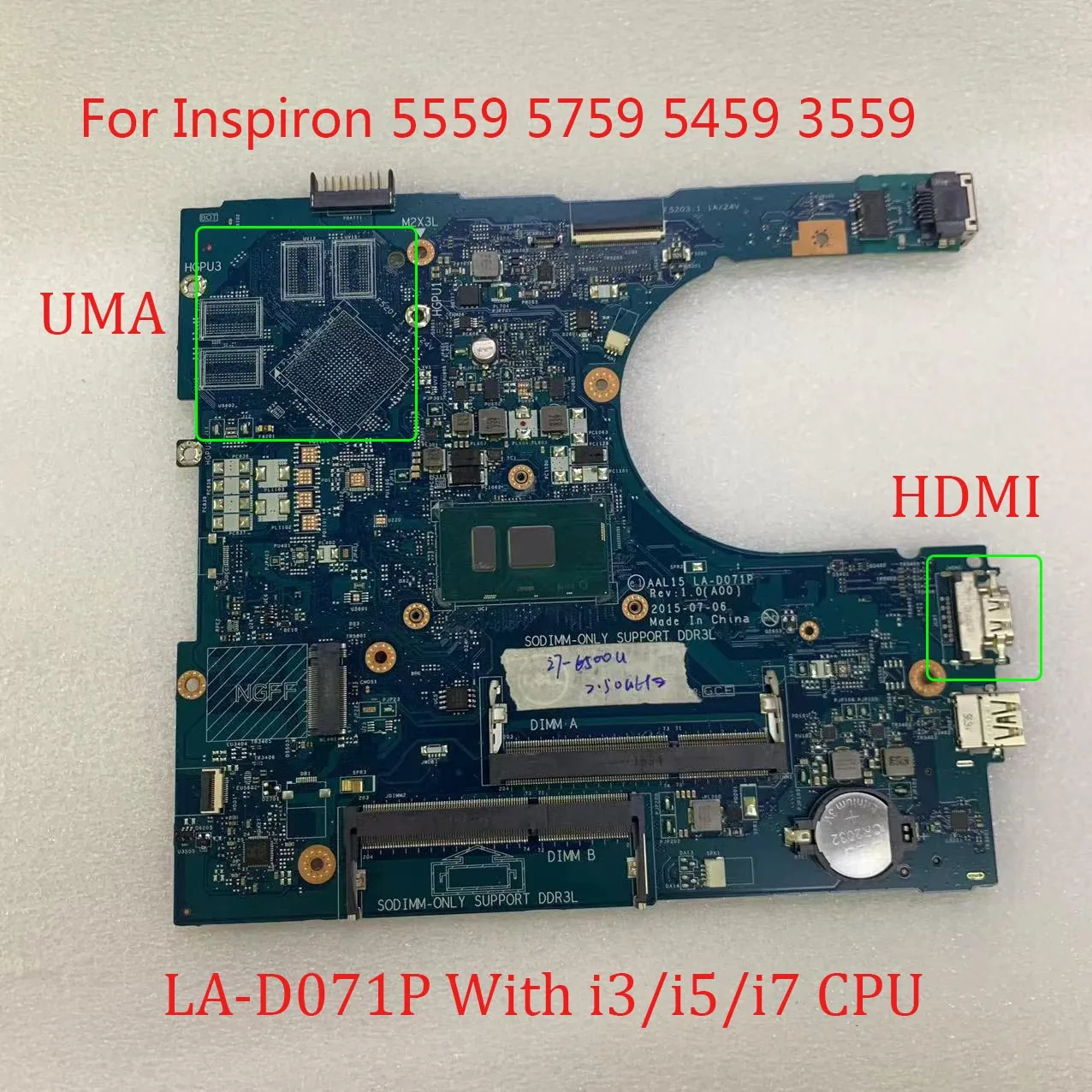 Para Dell Inspiron 3559 5459 5759 5559 AAL15 LA-D071P placa base de trabajo con CPU I3 I5 I7