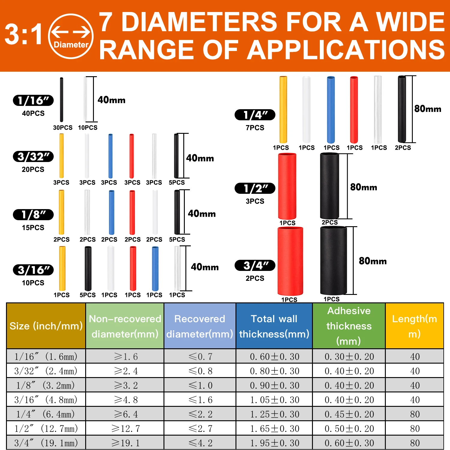 Kit de tubos termorretráctiles 3:1, 40 tipos, con pegamento, resistente al agua, doble pared, alambre forrado adhesivo, funda de Cable de poliolefina surtido, 97 Uds. - imagen 2