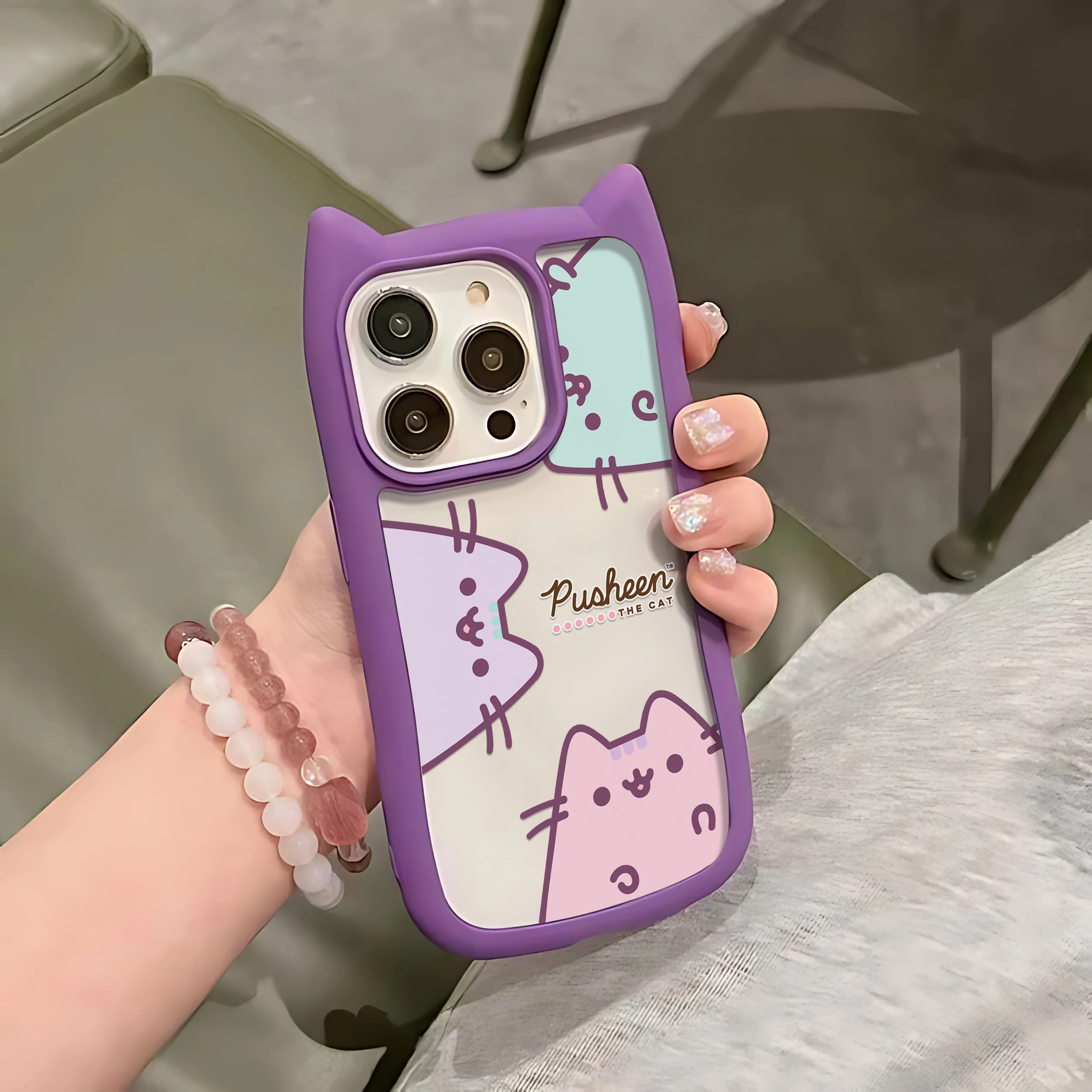 Funda de teléfono P-Pusheens con diseño de gato de dibujos animados para iPhone 16 15 14 13 12 11 Pro Max, parachoques de silicona suave acrílico duro transparente - imagen 5