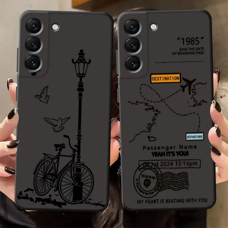 Funda de teléfono suave negra con mapa de viaje simplificado para Samsung Galaxy A40 A16 A05 A30 A15 A20 A13 A17 A04 A06 A10 A12 A70 A50