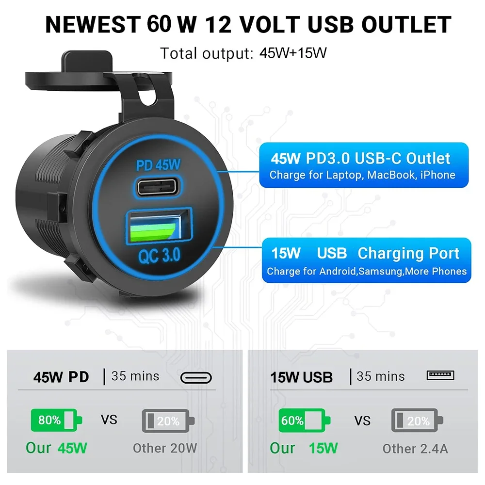 Enchufe de cargador de coche de 60W PD3.0 y QC3.0 puertos USB C dobles carga rápida impermeable 12V/24V para adaptador de motocicleta de barco de camión de coche - imagen 4