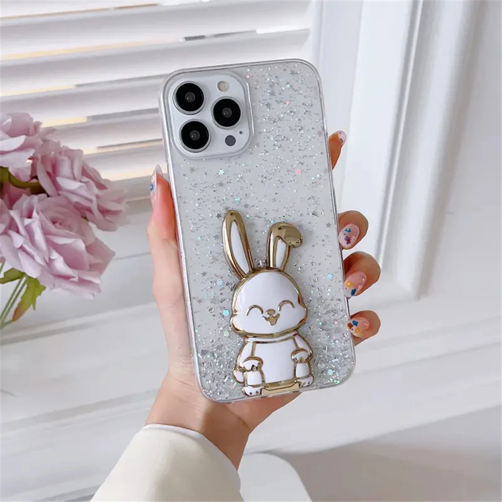 Funda de teléfono con soporte de conejo brillante chapada para Xiaomi Redmi 13C 12C 10C Note 12 4G 9S 10S 11S 8 8T 9 10 11 Pro 10A 9C - imagen 3