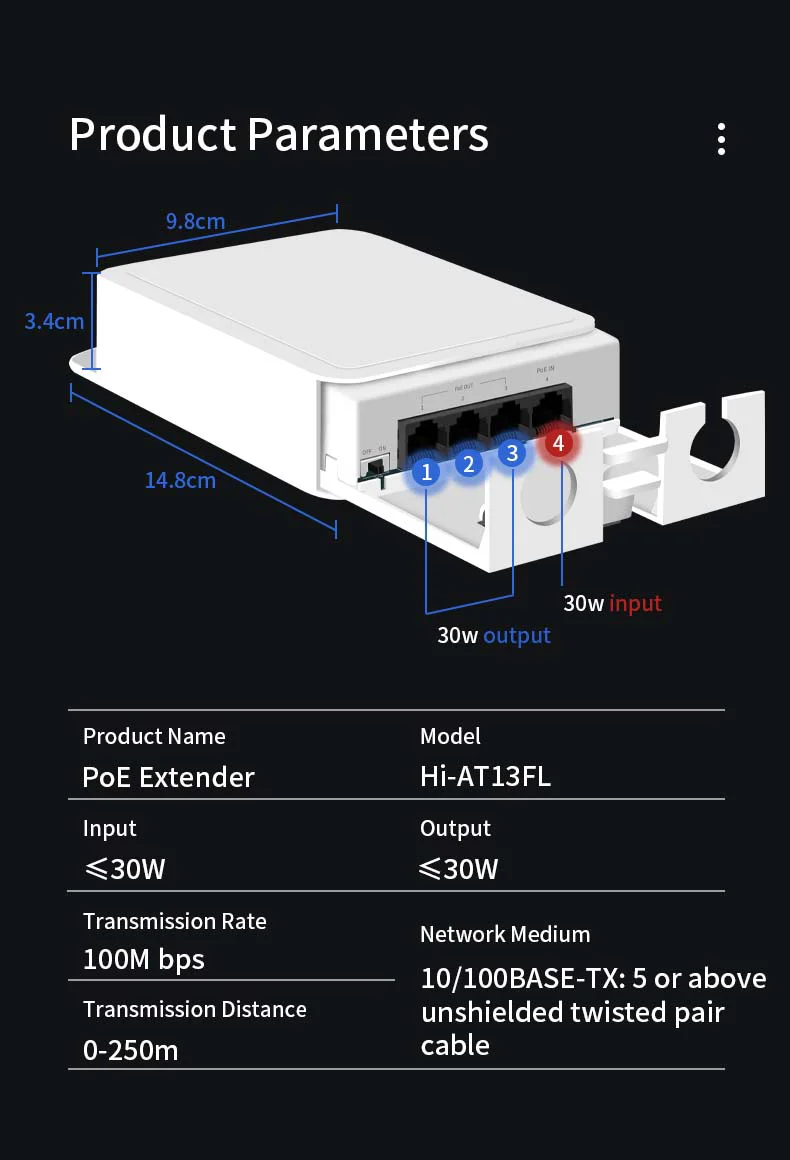 Hisource Repetidor PoE IP55 4 Puertos 100/1000 Mbps para Cámara IP - imagen 2