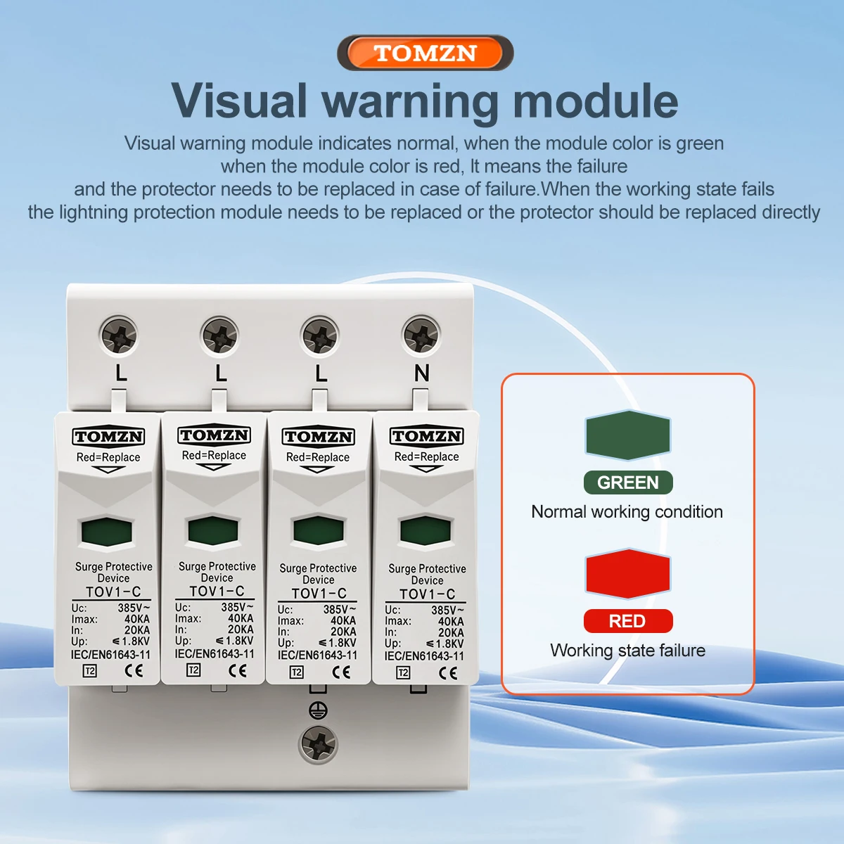TOMZN AC SPD 4P 20KA ~ 40KA 275V Protector contra sobretensiones doméstico protección dispositivo descargador de bajo voltaje - imagen 4