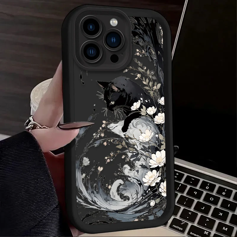 Funda de teléfono suave para iPhone 16 16E 15 14 13 12 11 Pro Max X XS X S Max XR SE 2020 SE4 7 8 Art Splash-ink Cat cubierta a prueba de golpes - imagen 3