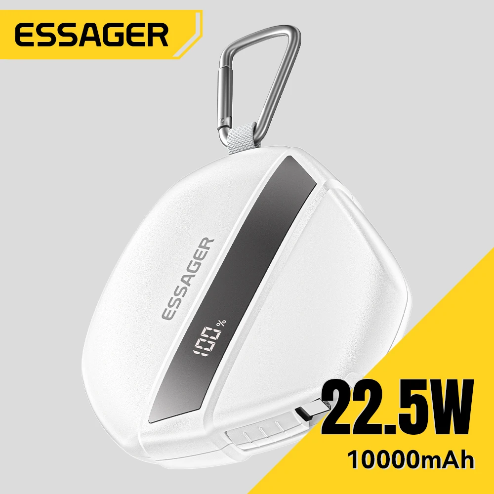 Essager 22,5 W banco de energía PD carga rápida 10000mAh Cable retráctil tipo C pantalla de porcentaje Digital para Huawei Xiaomi iPhone 16