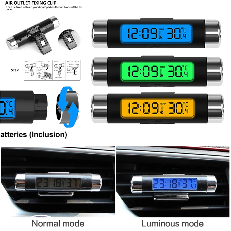 Reloj Digital LCD portátil 2 en 1 para coche, pantalla de temperatura, reloj electrónico, termómetro, retroiluminación azul automotriz para coche con Clip