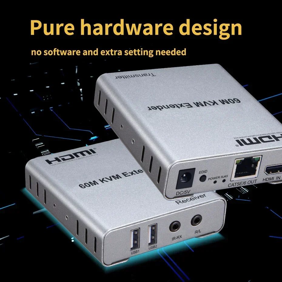 Extensor HDMI KVM de 60M, 1080P a través de CAT5e Cat6, Cable Ethernet, transmisor y receptor de Audio y vídeo, convertidor, teclado y ratón USB - imagen 4