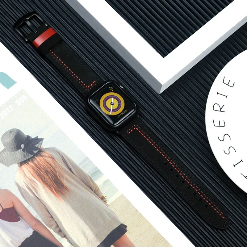 Correa de cuero genuino para Apple watch Ultra 2 band 44mm 45mm 49mm 40mm 38/42mm 41mm pulsera iWatch serie 9 8 7 3 4 5 6 se - imagen 3