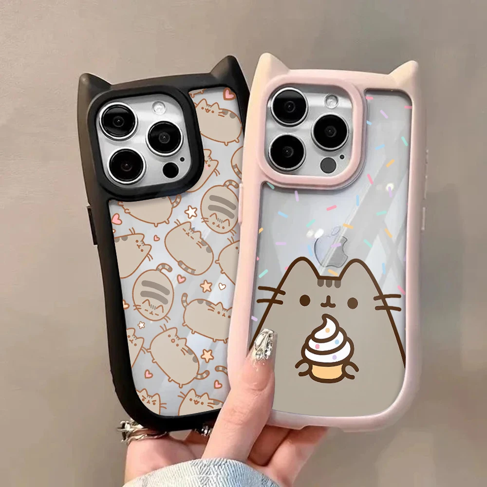 Funda de teléfono P-Pusheens con diseño de gato de dibujos animados para iPhone 16 15 14 13 12 11 Pro Max, parachoques de silicona suave acrílico duro transparente - imagen 4