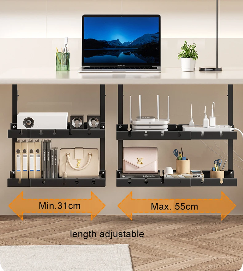 KW-2 31-55cm debajo del escritorio estante de almacenamiento enchufable ajustable estante doble gestión de cables montaje clasificación abrazadera de enchufe almacenamiento de oficina - imagen 5