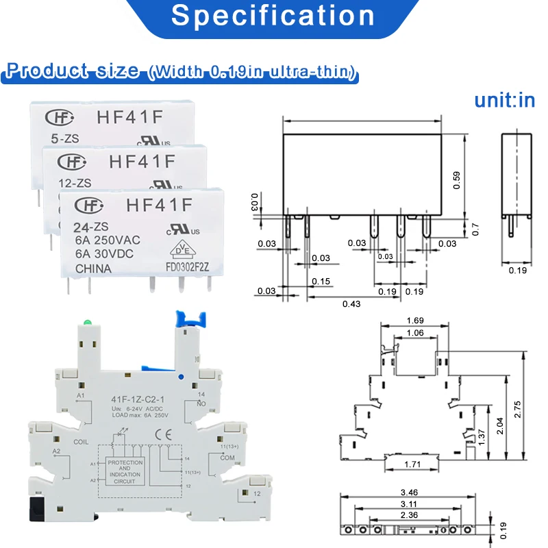 1 Uds relé delgado HF-41F 5V 12V 24V Base de relé de alta frecuencia relé de carril DIN 41F-5-ZS41F-12-ZS41F-24-ZS LED 6A - imagen 4