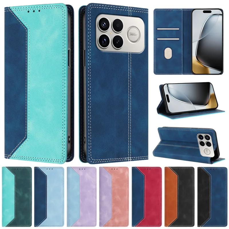Para POCO F8 Ultra Funda con tapa magnética para Coque Xiaomi Poco F8 Ultra Funda de teléfono Funda de cuero con bloques de Color a la moda - imagen 2