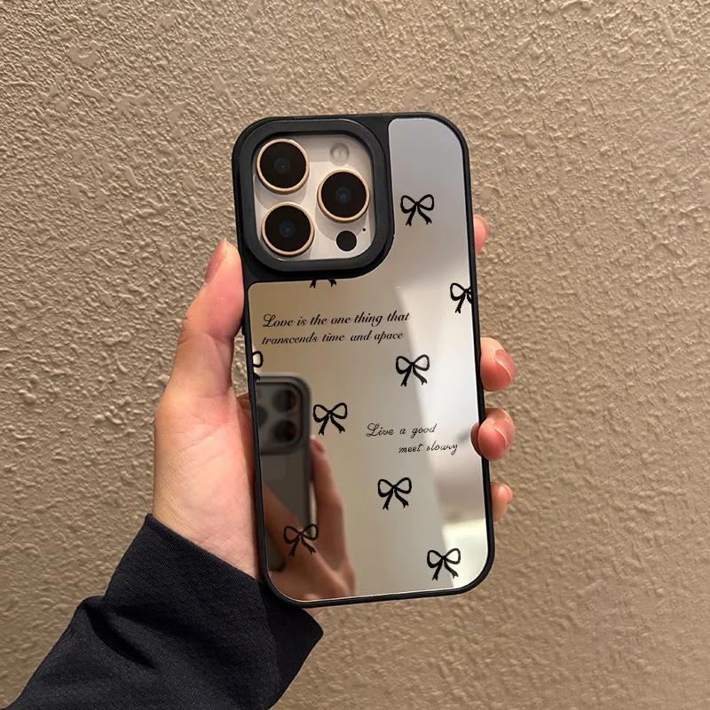 Funda para iPhone 11 12 13 14 15 16 Pro Max Plus Series Funda de teléfono con espejo de tpu transparente con patrón de lazo negro