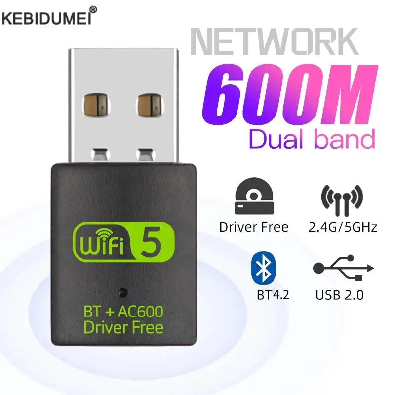 Adaptador Bluetooth WiFi USB de 600Mbps 2 en 1 Dongle de doble banda 2,4G y 5GHz USB WiFi 5 adaptador inalámbrico Bluetooth de red receptor WiFi