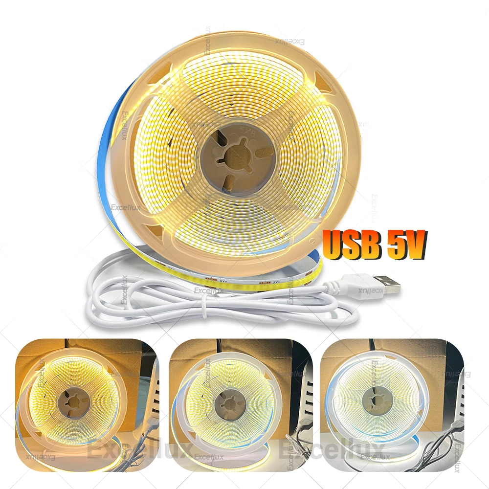Tira de luces LED COB DC5V con cinta Flexible alimentada por USB de 320LED/m, tiras de luces COB blancas cálidas/blancas naturales, retroiluminación DIY