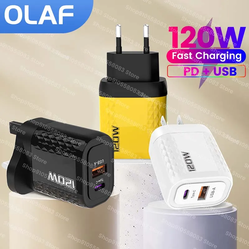 Cargador rápido tipo C de 120W, 2 puertos USB C, adaptador de carga rápida para iPhone, Xiaomi, Samsung, 3,0 PD