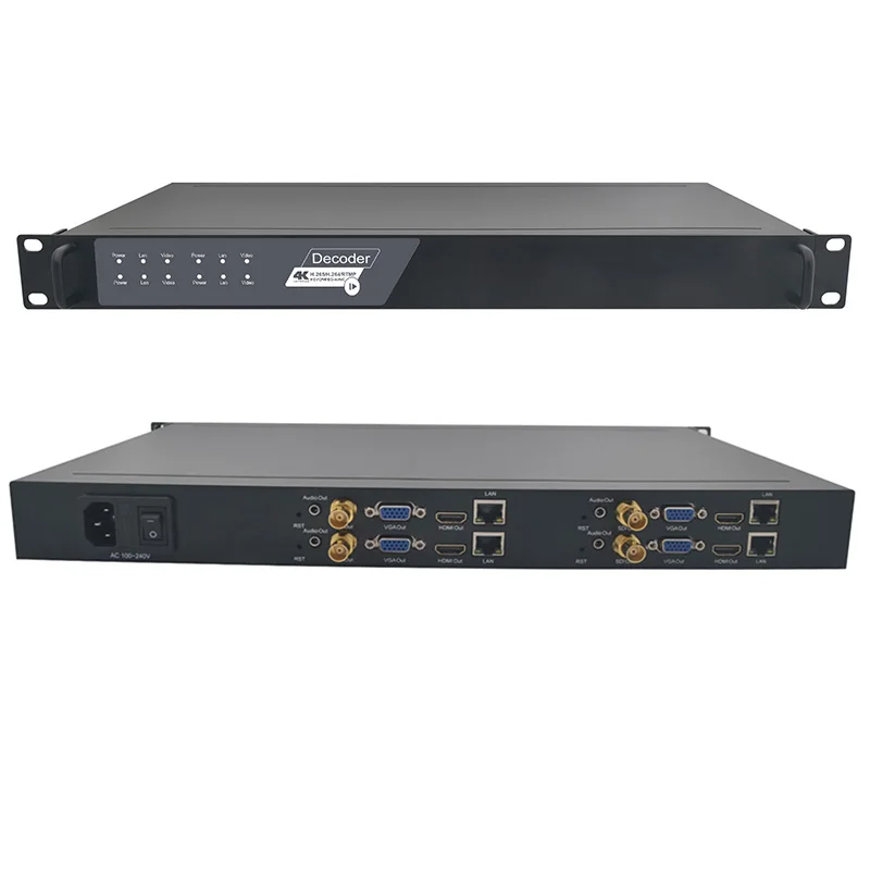 Decodificador de vídeo 4K 1u 4 canales Ultra HD IP a HDMI SDI CVBS VGA para sistemas de TV por cable y IPTV