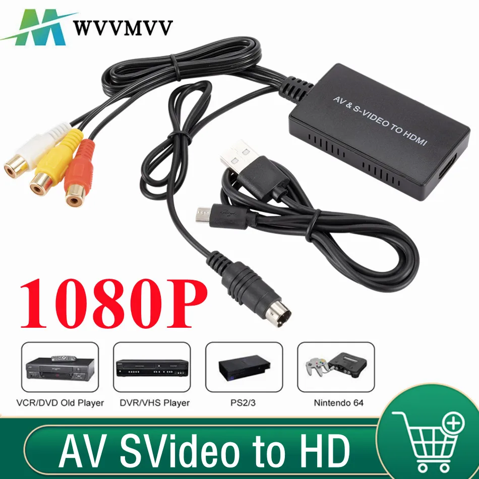 Adaptador compatible WvvMvv RCA /AV SVIDEO a HDMI para DVD HD TV STB compatible con PS2/PS3, 720P /1080P AV S-VIDEO convertidor de vídeo