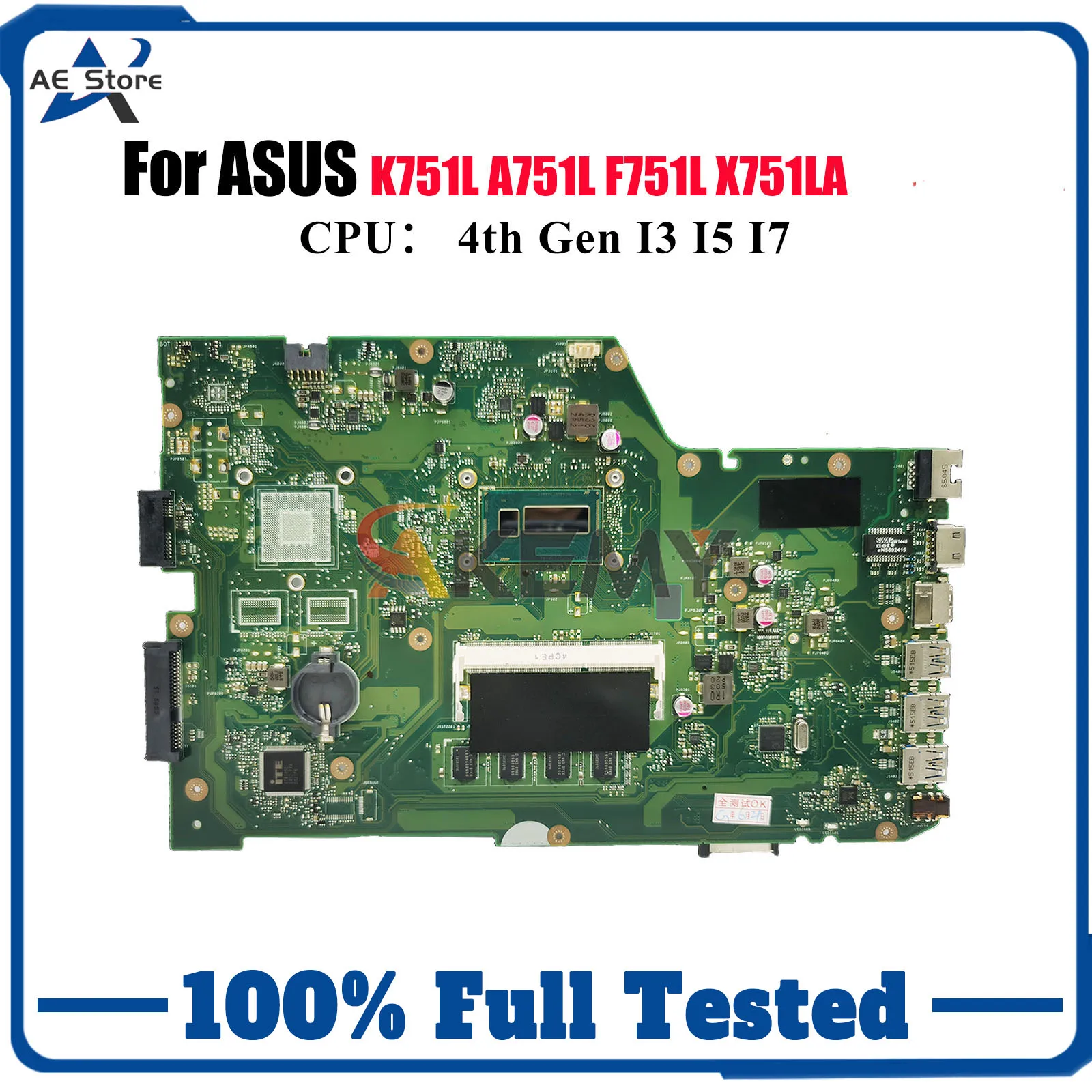 Placa base para ordenador portátil X751LA para ASUS K751L X751L X751LK X751LB X751LN F751L A751L X751LD X751LDV X751LJ placa base con CPU I3 I5 I7