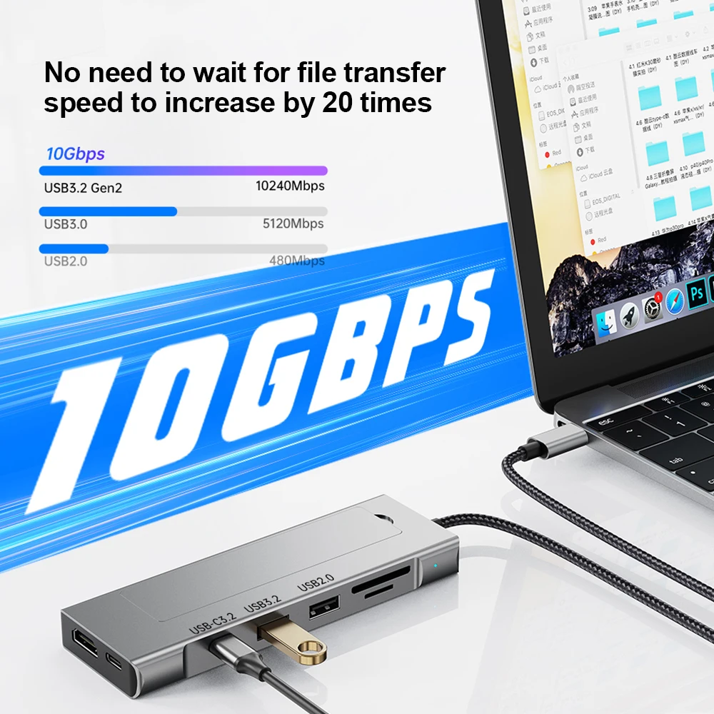 Carcasa M.2 SATA NVME SSD 8 en 1 USB C HUB 10Gbps estación de acoplamiento 4K/30Hz Compatible con HDMI PD100W carga SD/TF3.0 para ordenador portátil - imagen 4