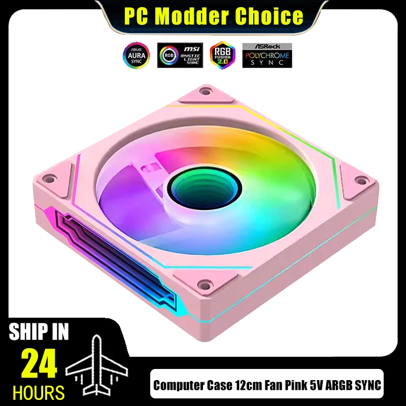 Caja de computadora Ventilador RGB Rosa 5V ARGB SYNC, Ventilador enfriador de CPU silencioso silencioso de 12 cm 120 mm 16,5 M Colores de luz, hoja delantera o inversa