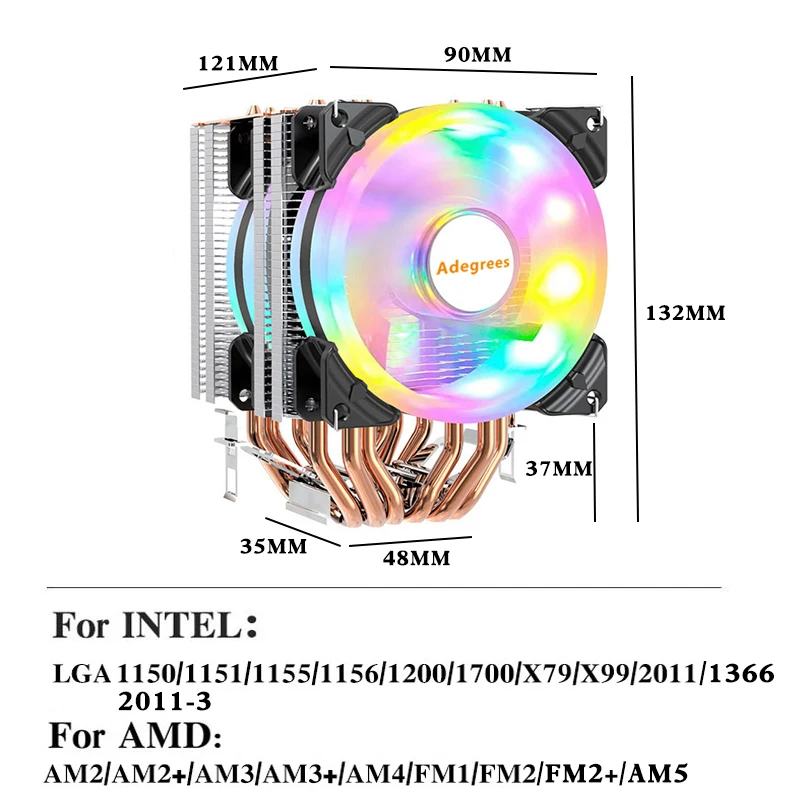 Enfriador de CPU, 6 tubos de calor, radiador de PC, 4 pines, PWM, ventilador de refrigeración Rgb silencioso para Intel 1700 1150 1155 1156 1366 2011 AM2/AM3/AM4 AMD AM5 - imagen 3