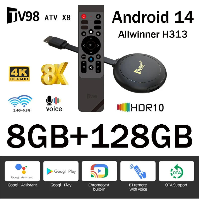 TV98 ATV X8 Smart TV Stick iptv Allwinner H313 quad-core 4G 5G Dual Wifi HD 8K 4K BT 5.0 8GB 128GB Control Remoto por Voz Android 14