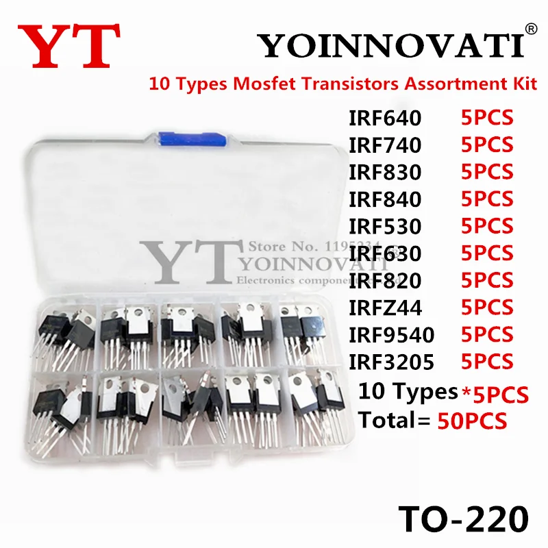 Kit surtido de transistores Mosfet de 10 tipos, 50 Uds. IRF640 IRF740 IRF830 IRF840 IRF530 IRF630 IRF820 IRF3205 IRFZ44 IRF9540 TO-220