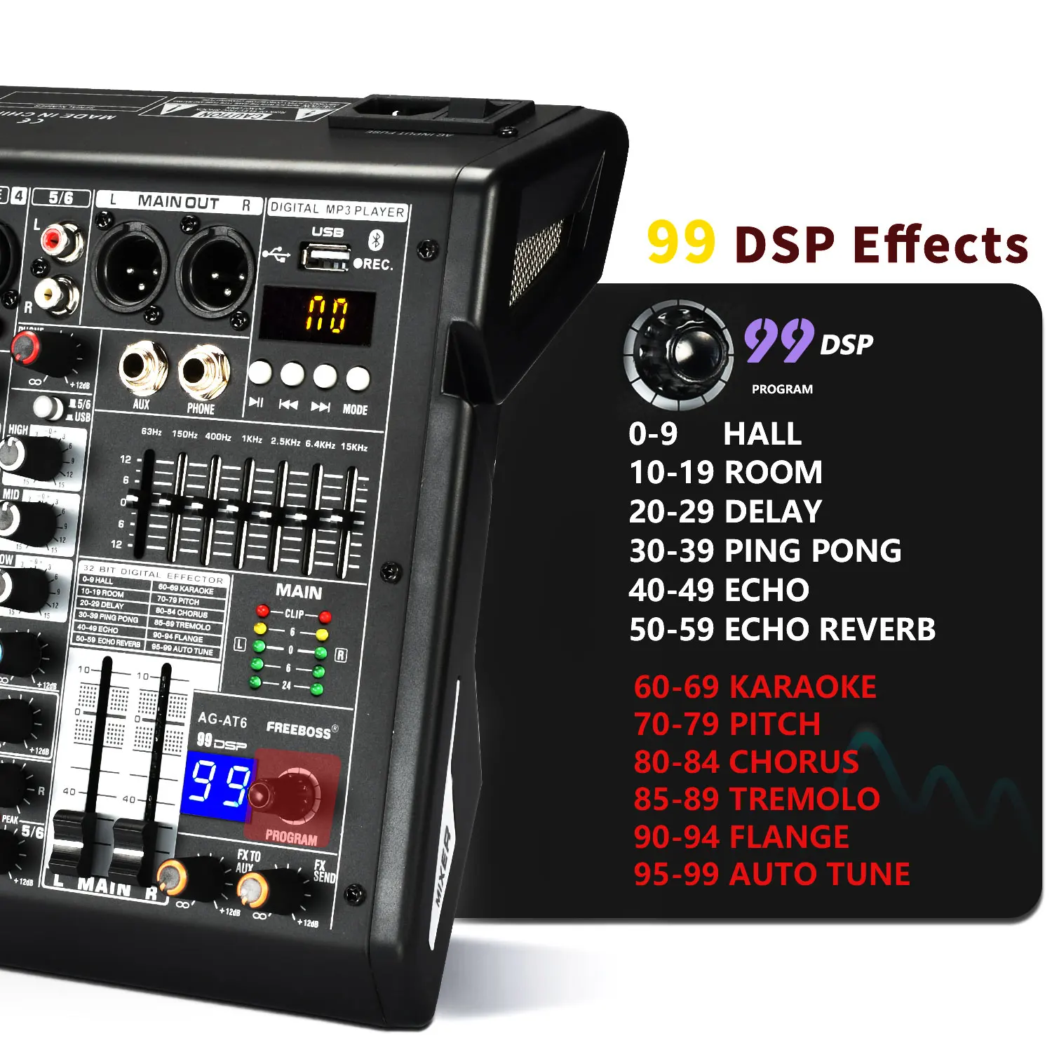 Freeboss-mezclador de Audio de 6 canales, 7 bandas, EQ, 99 efectos DSP, consola de mezcla, USB, PC, grabación, Bluetooth, Compatible con Audio Dj, 48V, AG-AT6 - imagen 2