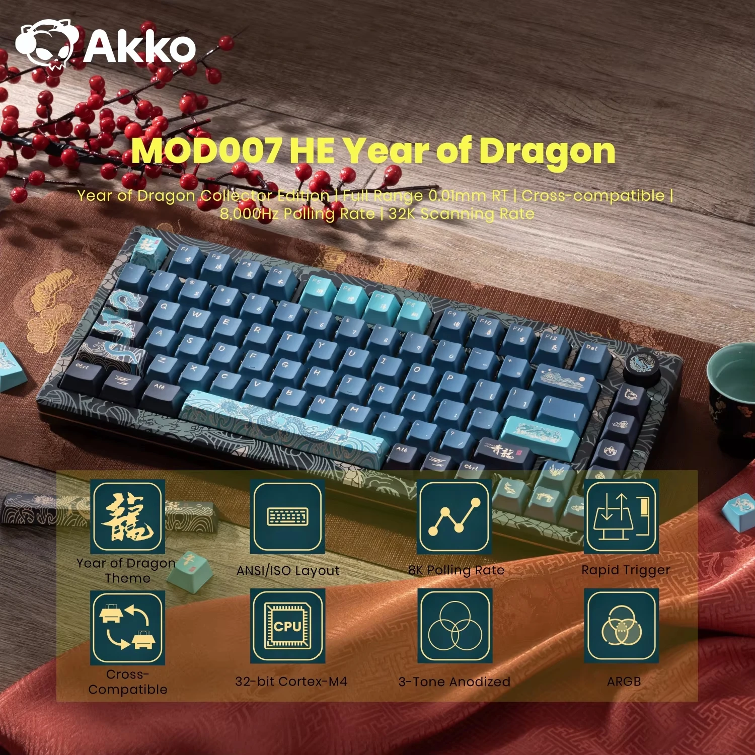Akko MOD007 HE Año del Dragón Teclado mecánico de disparo rápido RGB 75% interruptor magnético 8K tasa de orolling RT0.01mm teclado para juegos