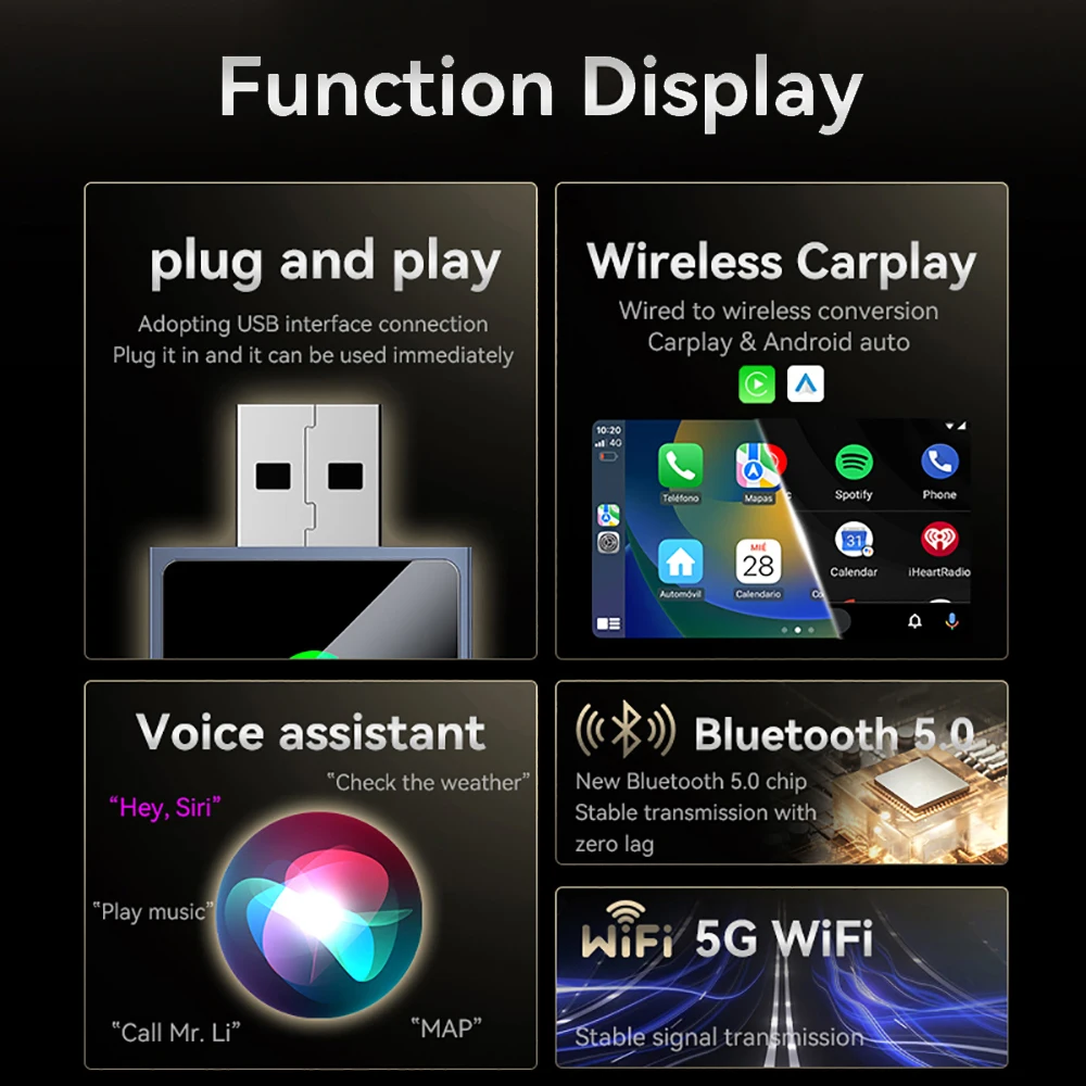 Adaptador inalámbrico CarPlay y Android Auto 2 en 1, Dongle Plug & Play, CarPlay Universal, convierte cable a conexión automática rápida inalámbrica - imagen 2