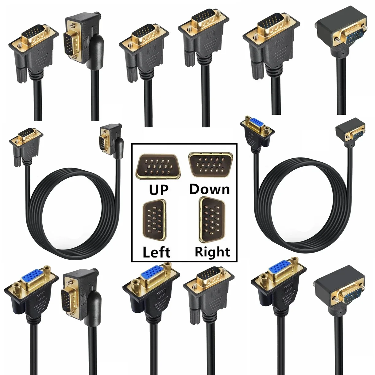 Cable VGA macho a macho hembra, Cable de extensión de 90 grados hacia arriba y abajo, Cable en ángulo izquierdo y derecho, 0,5 M, 1M, 1080P, Full HD, Monitor de ordenador y TV