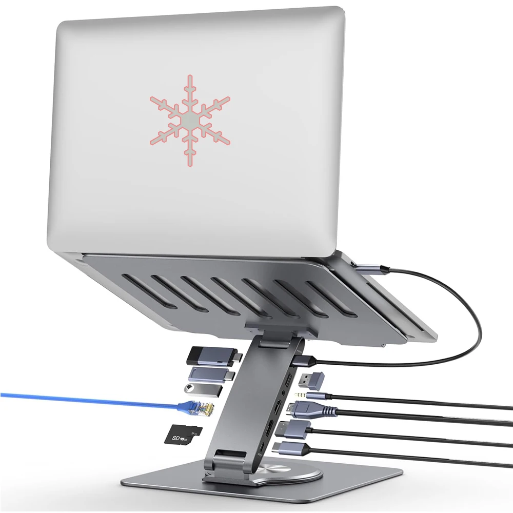 Soporte para computadora portátil con USB HUB 4K 60Hz PD100W Gigabit Ethernet Lector de tarjetas SD/TF Audio 360 ° Giratorio para MacBookPro/Air/Dell/HP/Lenovo