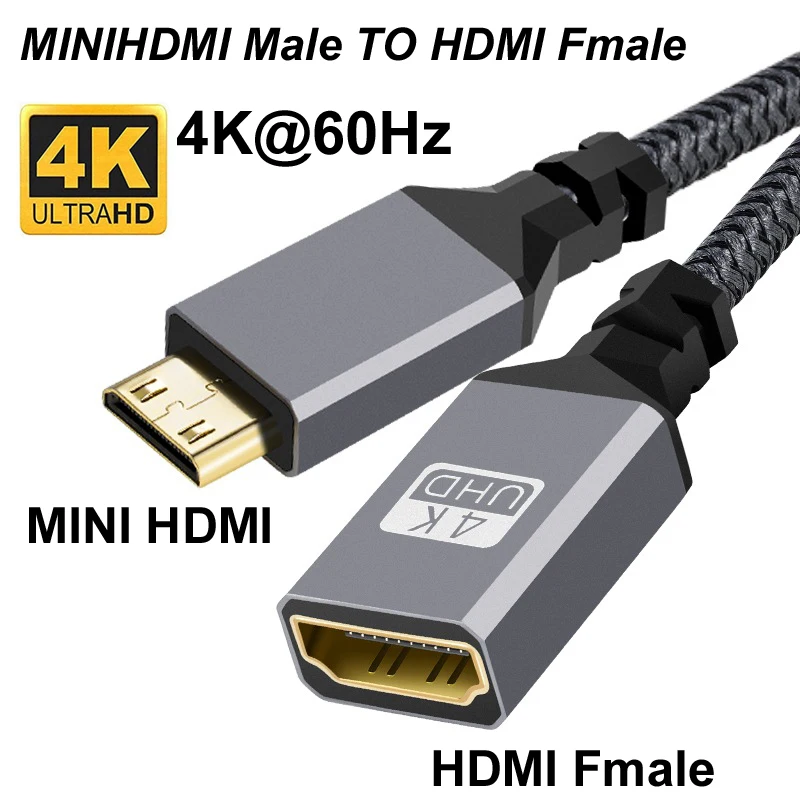 20CM Nylon trenzado oro HD 4K @ 60HZ V2.0 MINIHDMI MINI HDMI macho a HDMI Cable de extensión hembra para HDTV PS4 proyector Monitor HDTV