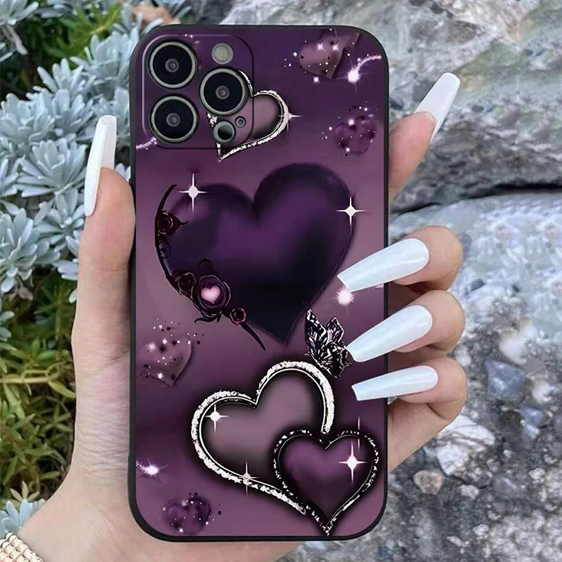 Funda de teléfono de TPU con diseño en forma de corazón púrpura de San Valentín para iPhone 16 Pro Max 15 14 Plus 13 12 Mini 11 XS X XR 7 8 Plus 16E