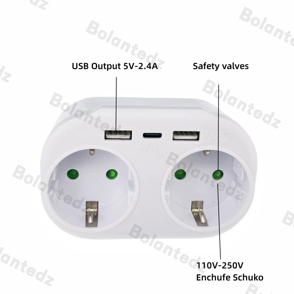 Enchufe de pared UE, regleta de alimentación USB, 250V, 16A, extensión de corriente de salida de CA, 4000W, adaptador de enchufe estándar europeo, enchufes convertidores de 1 a 2 - imagen 3